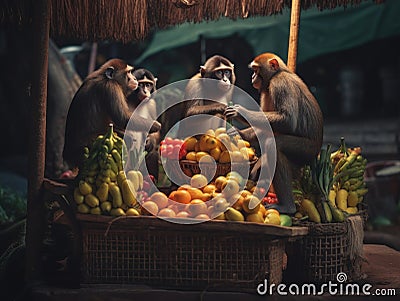 A group of monkeys sitting on top of a pile of fruit. Generative AI image. Stock Photo