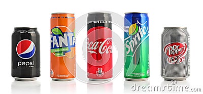 Group of most popular brands of soda drinks Editorial Stock Photo