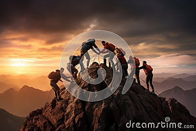 Group of mountaineers climbing on top of a mountain during sunset, Group of people on peak mountain climbing helping team work, AI Stock Photo