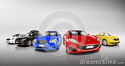 Group of Multi Coloured Modern Cars Stock Photo