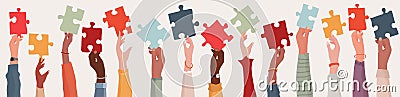 Group of multi-ethnic business people with raised arms holding a piece of jigsaw. Colleagues of diverse races and culture.Concept Vector Illustration