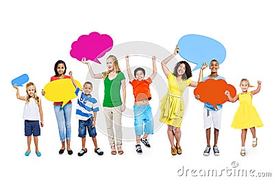 Group of Multi-Ethnic Mixed Age People Holding Colorful Empty Sp Stock Photo