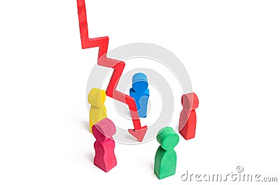 A group of multicolored people stand in a circle around the red arrow down. Analysis of the situation and solution of the problem. Stock Photo