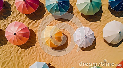 Group of multicolour sun umbrella in the beach. Summer and vacation concept aerial, top view Stock Photo