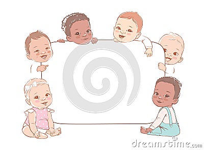 Group of multicultural baby boys and baby girls hold a blank board Vector Illustration