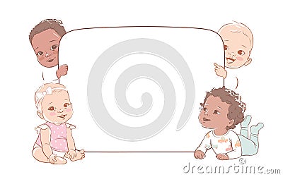 Group of multicultural baby boys and baby girls hold a blank board Vector Illustration