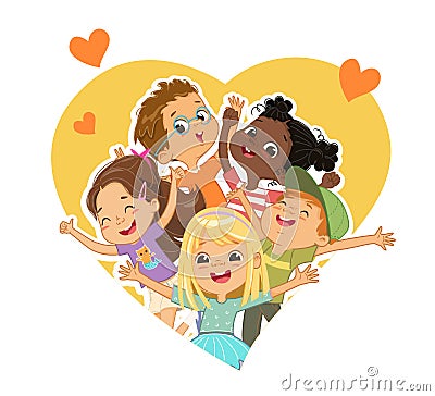 Group of multicultural children tear up the space in the shape of a heart. Children look through a hole in the shape of Cartoon Illustration