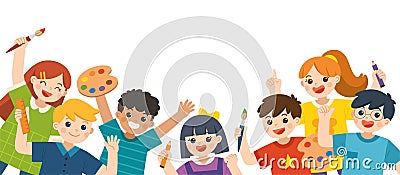 Group of Multicultural happy kids have fun and ready to get painting together. Vector Illustration