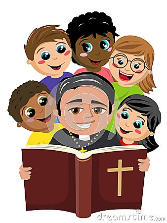 Group of multicultural happy kids surrounding christian priest reading holy bible book isolated on white Vector Illustration