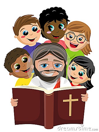 Group of multicultural happy kids surrounding jesus christ reading holy bible book isolated on white Vector Illustration