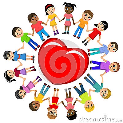 Group of multicultural kids hand in hand around big heart on white Vector Illustration