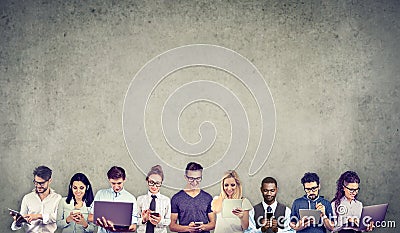 Group of multicultural people connected by using digital mobile gadgets Stock Photo