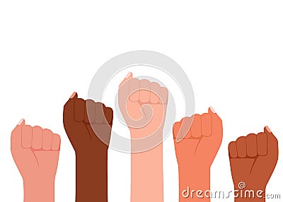 Group multicultural people raised fist, sign protest. Strength, strong woman power, justice and unity concept. Vector illustration Vector Illustration