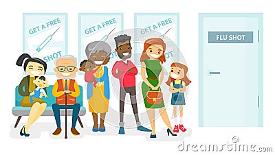 Multicultural people waiting for a flu shot. Vector Illustration