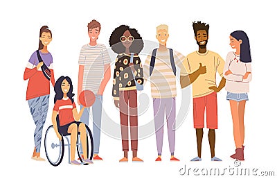 Group of multicultural students flat vector illustration. Laughing young girls and boys isolated characters on white Vector Illustration
