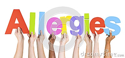 Group of Multiethnic Hands Holding Allergies Stock Photo