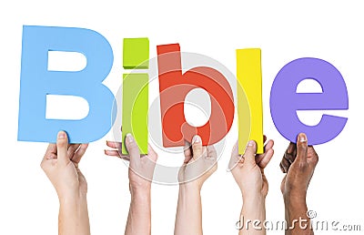 Group of Multiethnic Hands Holding Bible Stock Photo