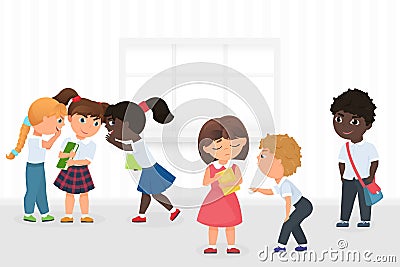 Group of multiethnic kids gossiping and bullying sad girl during break in school hallway cartoon vector illustration. Vector Illustration