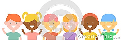 Group of multiethnic little girls and boys in flat design. Vector Illustration