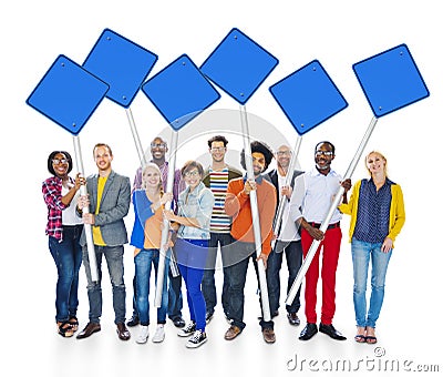 Group Of Multiethnic People Holding Blue Blank Sign Stock Photo