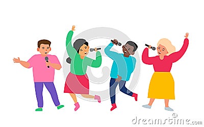 Group of multiracial children singing microphone karaoke kids party vector Vector Illustration
