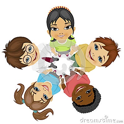 Group of multiracial kids in a circle looking up holding their hands together Vector Illustration