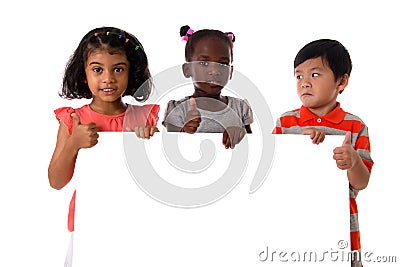 Group of multiracial kids portrait with white board.Isolated Stock Photo