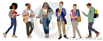 Set of multiracial students vector art isolated. Vector Illustration