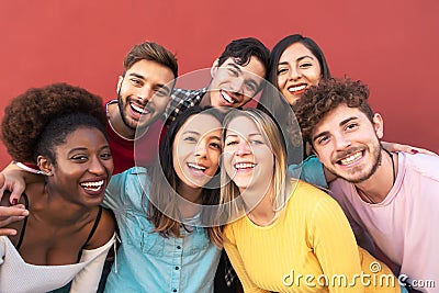 Group multiracial people having fun outdoor - Happy mixed race friends sharing time together Stock Photo