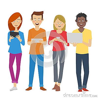 Group of multiracial students using digital devices in university break. Young people addiction to new technology trends Vector Illustration