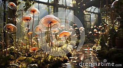 A group of mushrooms growing in a greenhouse Stock Photo