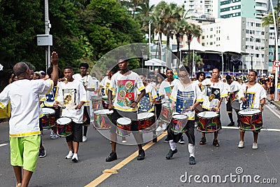 Group of musicians play percussion during the Fuzue carnival parade Editorial Stock Photo