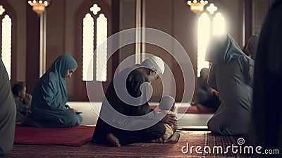 Group, muslim family praying in mosque to god, islamic traditional arabic religion. AI generated. Stock Photo