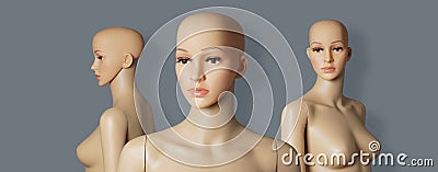 group of 3 naked and bald store window mannequins or display dummies with realistic faces Stock Photo