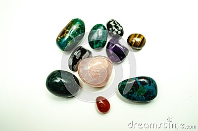 Group of natural colorful raw gemstones on white background Stock Photo