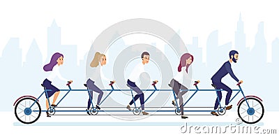 Group of office business people riding bicycle together. Tandem bicycle teamwork concept brvyot illustration. Vector Illustration