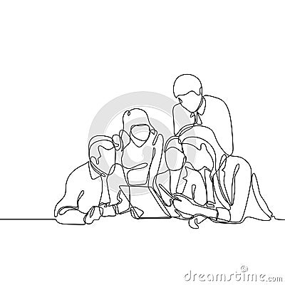 Group of office worker discussing a project. Concept of team work continuous one line drawing vector minimalist design Stock Photo