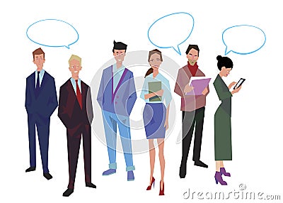 Group of office workers, employees, managers with speech bubble. Business people in casual and office clothes. Isolated on white. Stock Photo