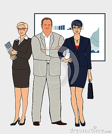 A group of office workers. Figures full growth in pop art style Vector Illustration