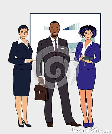 A group of office workers. Full-length pop art figurines. Black, Asian and White Vector Illustration