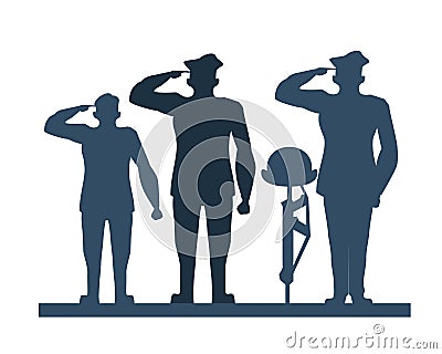 Group of officers soldiers saludating silhouette Vector Illustration