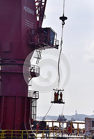 Offshore worker transfer from oil platform to accommodation barge Editorial Stock Photo