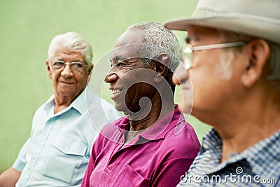 Group of old black and caucasian men talking in park Stock Photo