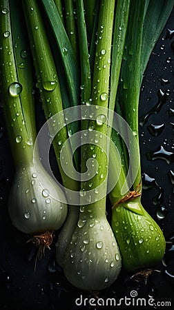 a group of onions and onions with water droplets on them on a black surface with a brown string tied to them with a brown string Stock Photo