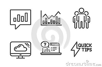 Group, Online help and Cloud storage icons set. Infochart, Analytical chat and Quickstart guide signs. Vector Vector Illustration