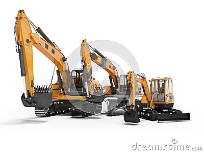 Group of orange excavator 3D rendering on white background with shadow Stock Photo