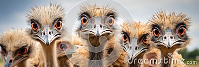 A Group Of Ostriches Standing Next To Each Other Stock Photo