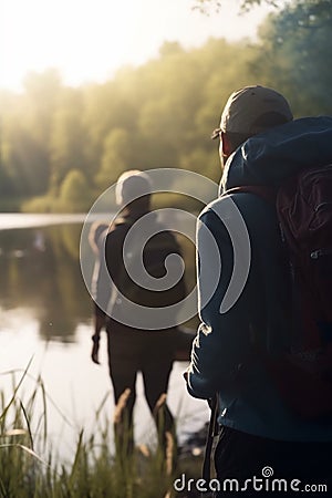Exploring the Outdoors: Group Hiking and Camping by the River with Backpacks Stock Photo