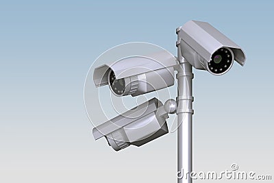 Group of outdoor video cameras on pole Stock Photo