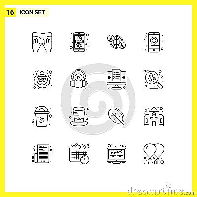 Group of 16 Outlines Signs and Symbols for cyber monday, mobile, connected, location, global Vector Illustration